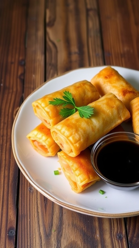 Crispy Air Fryer Salmon Egg Rolls Recipe Crispy salmon egg rolls served with soy sauce on a rustic wooden table.